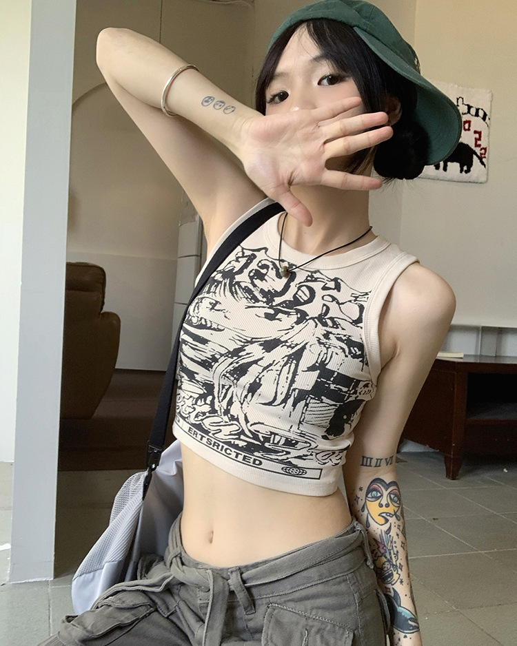 Picture of 2025 Summer Sexy Style Retro Printed I-Shaped Vest Suspender Women's Sweet and Spicy Outer Wear Navel-Baring Sleeveless Short Vest