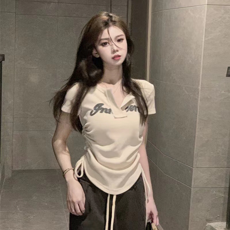 Hot Girls Shoulder Short-sleeved T-shirt Women's Summer Drawstring Design Niche High Waist Slim-fit Slimming Chic Short Top