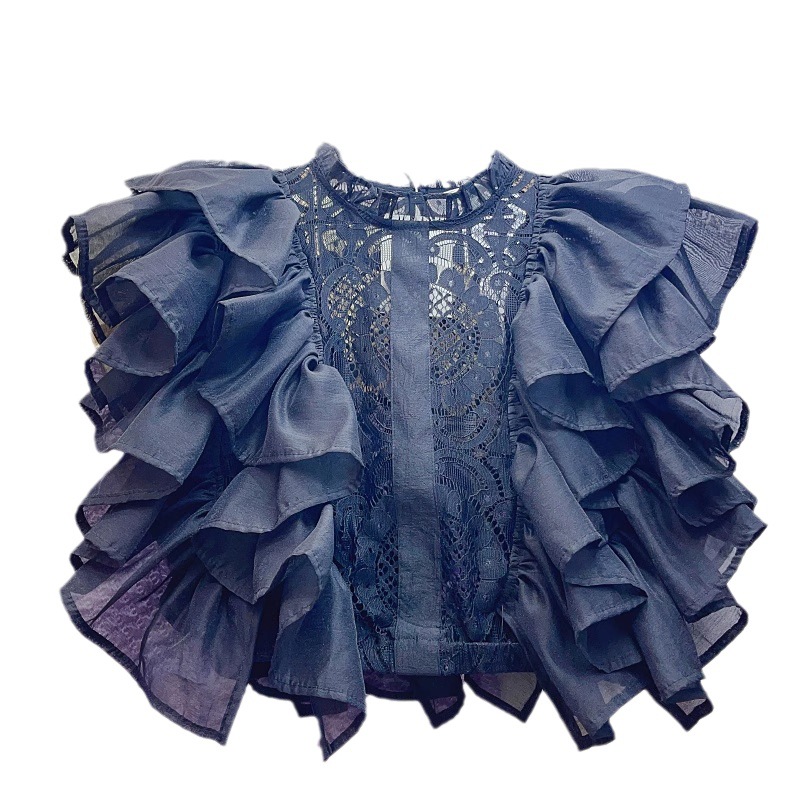 Picture of Summer New High-end French Ruffled Stitching Crochet Hollow Lace Shirt Women's Chic Top Trendy