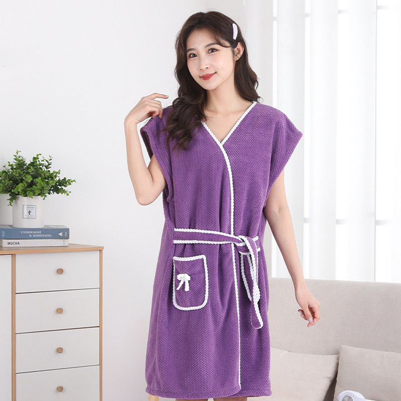 Picture of Manufacturer Wholesale Soft Coral Velvet Casual Bathrobe Household Absorbent Pineapple Plaid Strap Bath Towel Home Ladies Bath Skirt