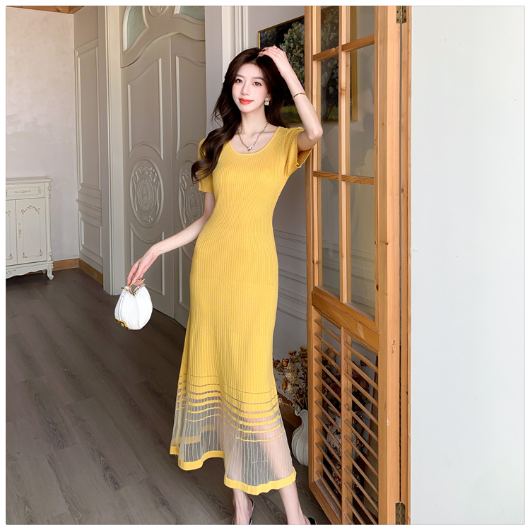 Elegant Lady 2024 Summer New dress Women's Crewneck Short-sleeved Knitted Tight Waist Slimming Mid-length One-step Dress