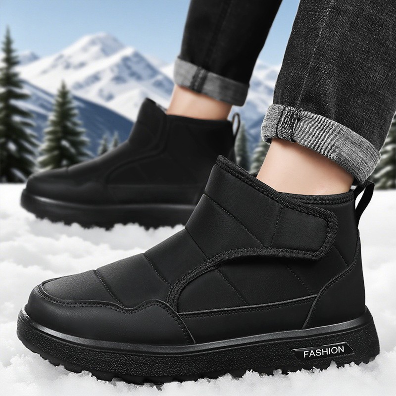 Men's Winter New Large Size Cotton Shoes with Fleece Lining, Thickened Men's Shoes for Cold Protection and Warmth, Snow Boots with Velcro, Cotton Boots