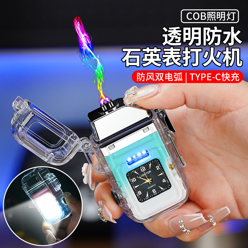 Picture of New waterproof lighter with dial transparent shell double arc charging cigarette lighter with COB strong light lighting wholesale