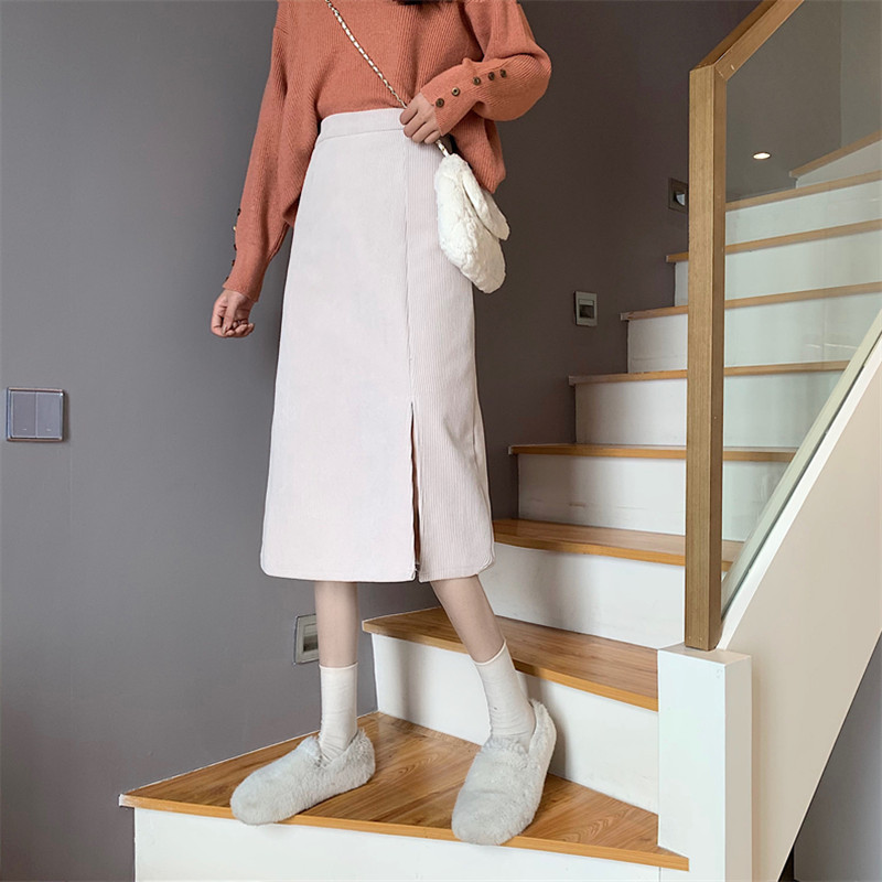 Picture of Autumn and Winter Split A- shaped Skirt 2021 New Style Western Style High Waist Slimming Corduroy Solid Color All-match Hip Skirt