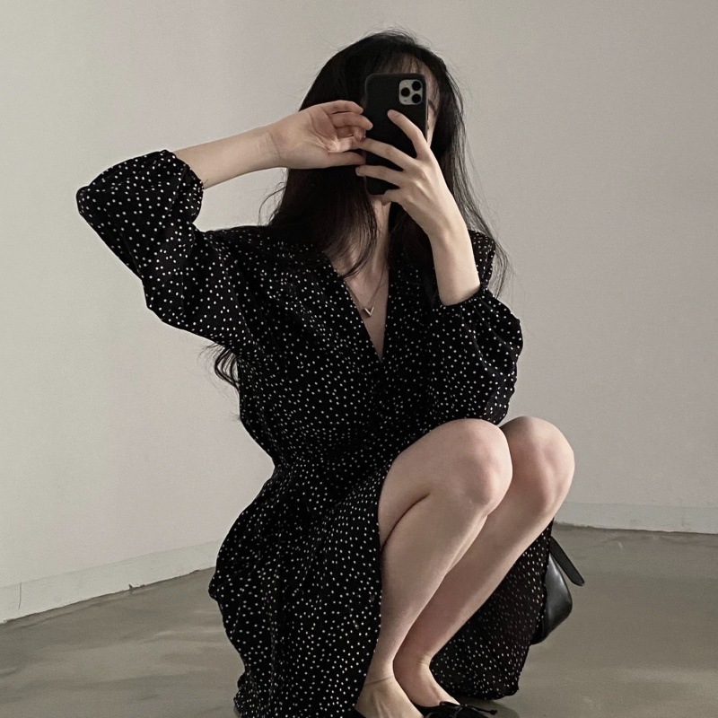 French Style Polo Dot V-Neck Long-Sleeved dress Women's One-Piece Belt Spring and Autumn Matching Suit Wear Small Short Skirt