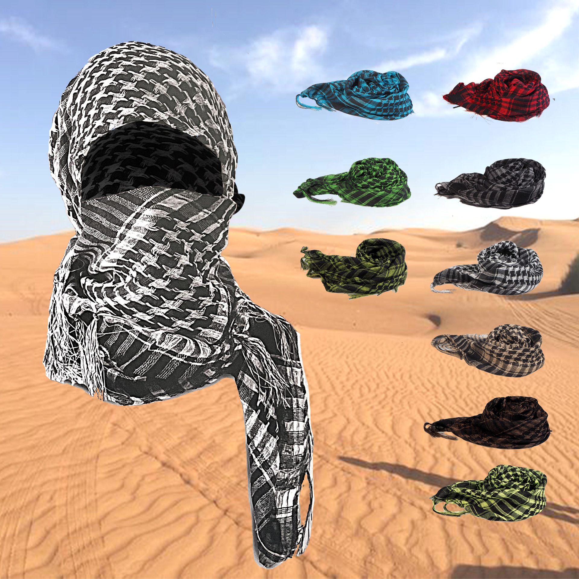 Net Silk Houndstooth Square Scarf Arabian Headscarf Outdoor Military Fan Tactical Export Tassel Desert Scarf Cross-border