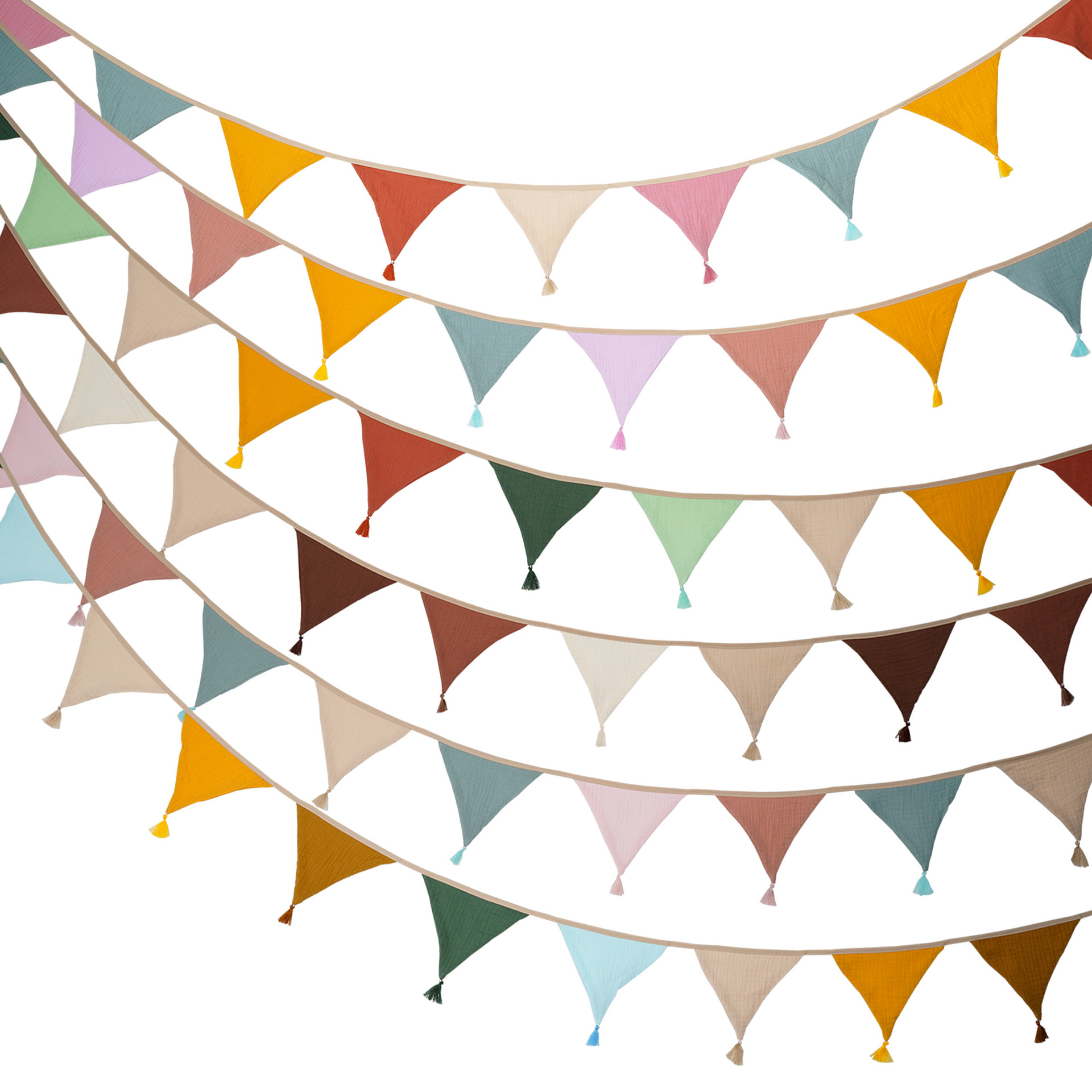 Children's Double Cotton Crepe Tassel Solid Color Triangle Birthday Party String Flag Kindergarten Home Camping Hanging Flag