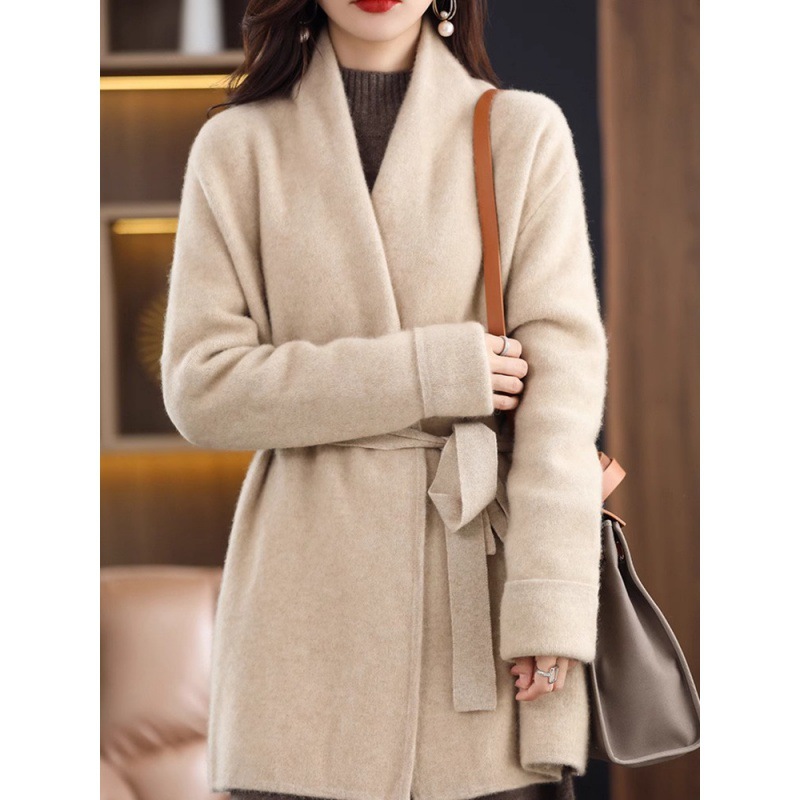 Heavy industry lazy thickened lace-up loose pure cashmere cardigan Women's Mid-length coat knitted overcoat outer sweater