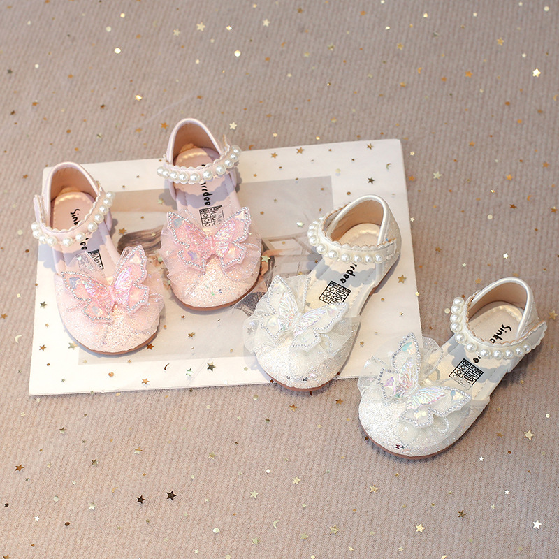 Girls Crystal Pearl Princess Shoes Shiny Small Leather Shoes 2025 Spring and Summer New Girls Rhinestone Sandals Dress Shoes