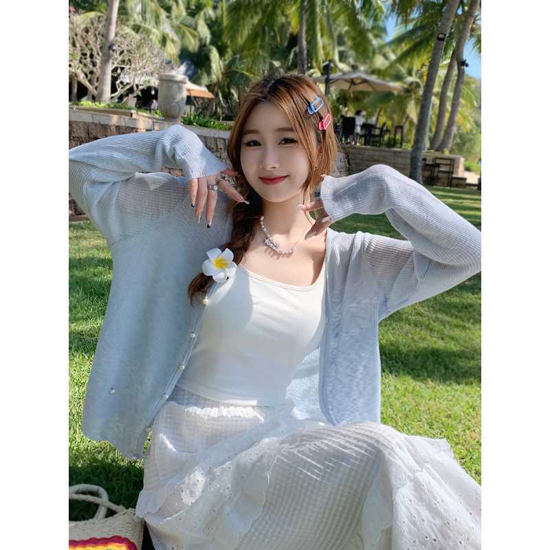 Summer Small Outer Cardigan with Slip Skirt Thin Women's Knitted Small Shawl Tulle Sunscreen Jacket Top