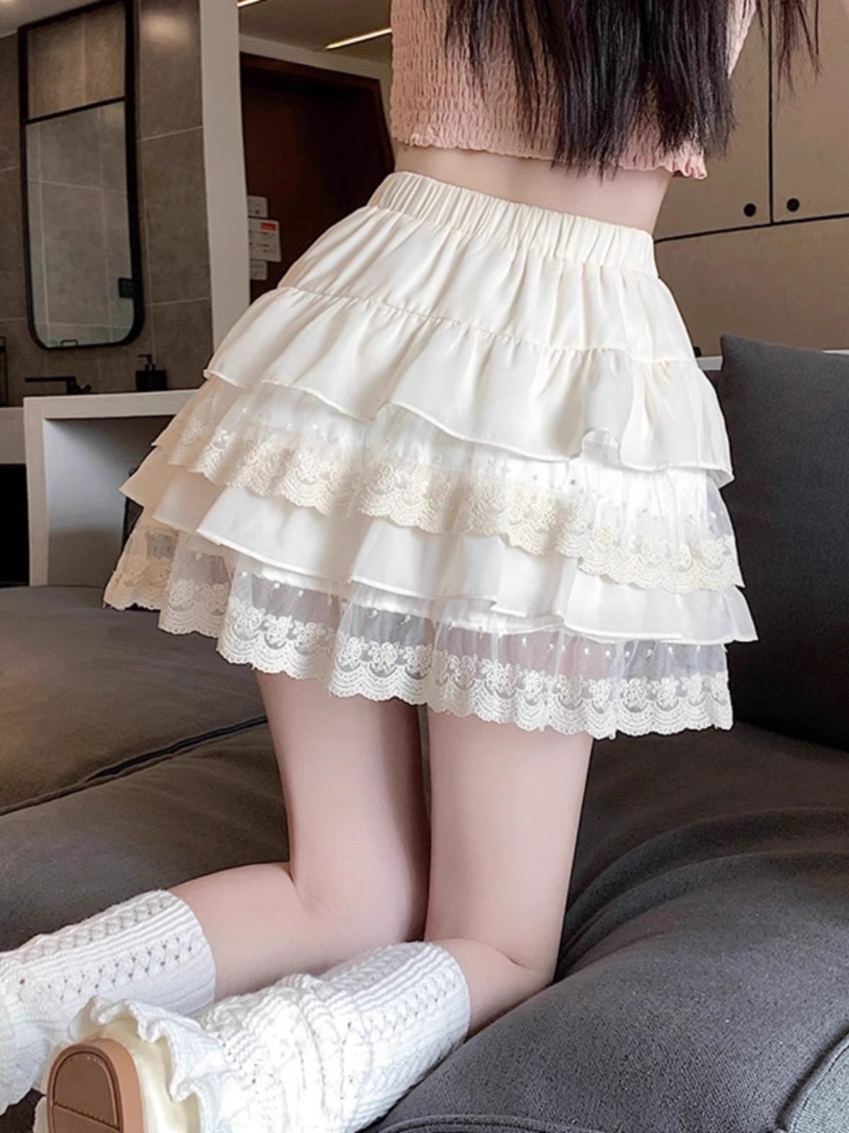 Short Skirt White Lace Cake Skirt Skirt Women's Summer High Waist Slimming Look Small A-Line Skirt Princess Tutu Skirt