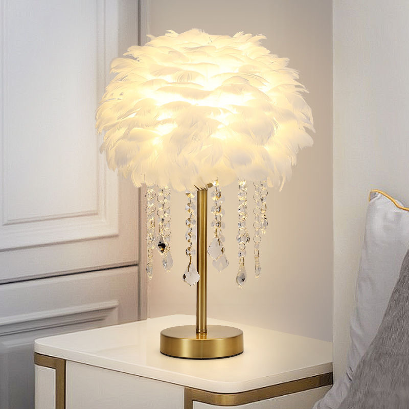 Light Luxury Crystal Feather Table Lamp Live Background Desktop Decorative Table Lamp Soft Light Eye Protection Bedroom Bedside Lamp Atmosphere Lamp