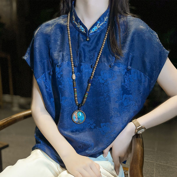 Silk-like Embroidered Top Women's Summer High-end Silk-like Modified Cheongsam Chinese-style National Style Buckle Printed Small Shirt