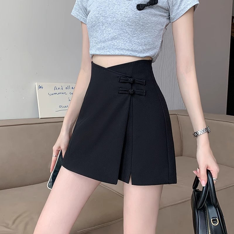 Picture of Grey A- line Short Skirt Women's Spring and Summer New Chinese Style Irregular Buckle Skirt Small Split Suit Culottes