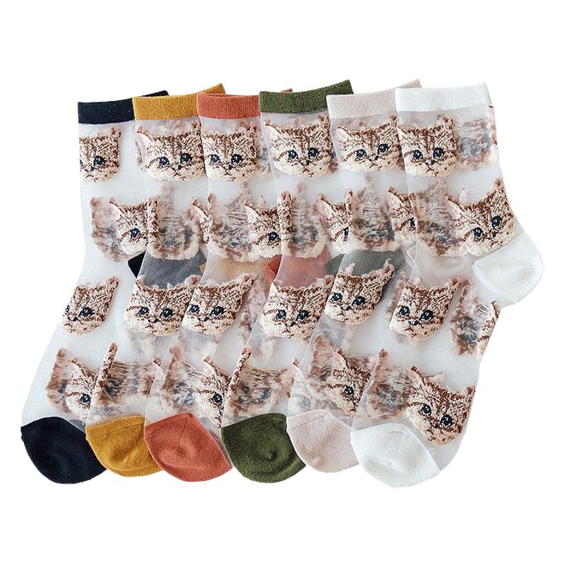 Card Silk Stockings Children's Transparent Cartoon Cute Cat Japanese Style Short Socks Summer Thin Glass Silk Ins Fashionable Mid-Sock