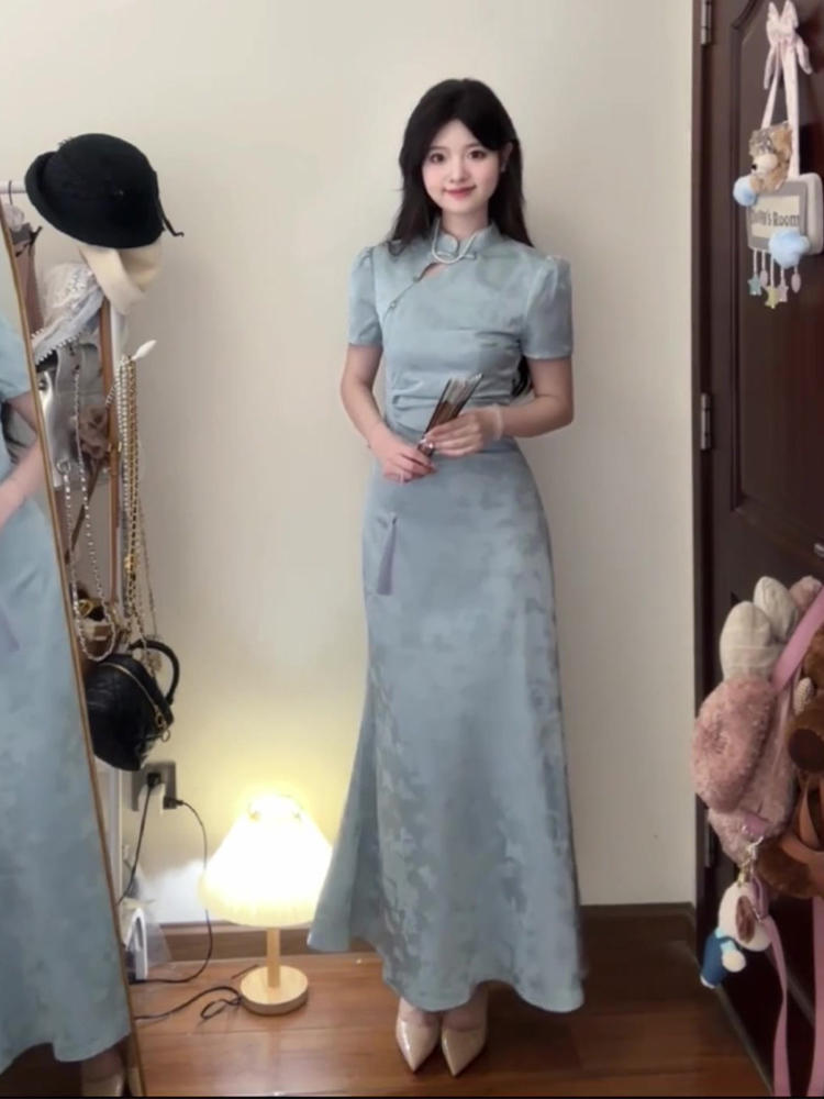 Improved Blue Cheongsam New Chinese Style dress 2024 New Women's Summer Elegant Slimming Dress