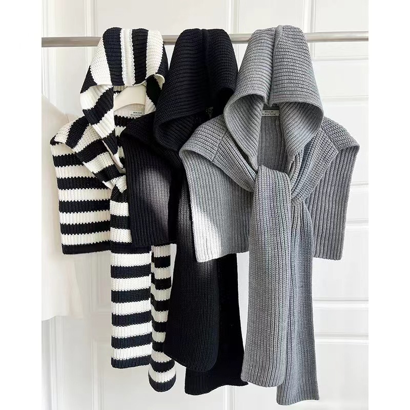 Cross-border for lazy design sense of fashion knitted hooded shawl women's autumn and winter warm striped outside waistcoat tide