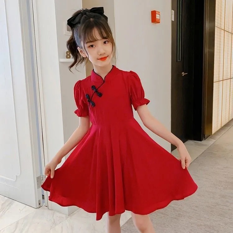 Girls' dress Summer Thin New Fashionable Children's Internet Popular Skirt Middle and Big Children's Retro Skirt Trendy Skirt for Primary and Middle School Students