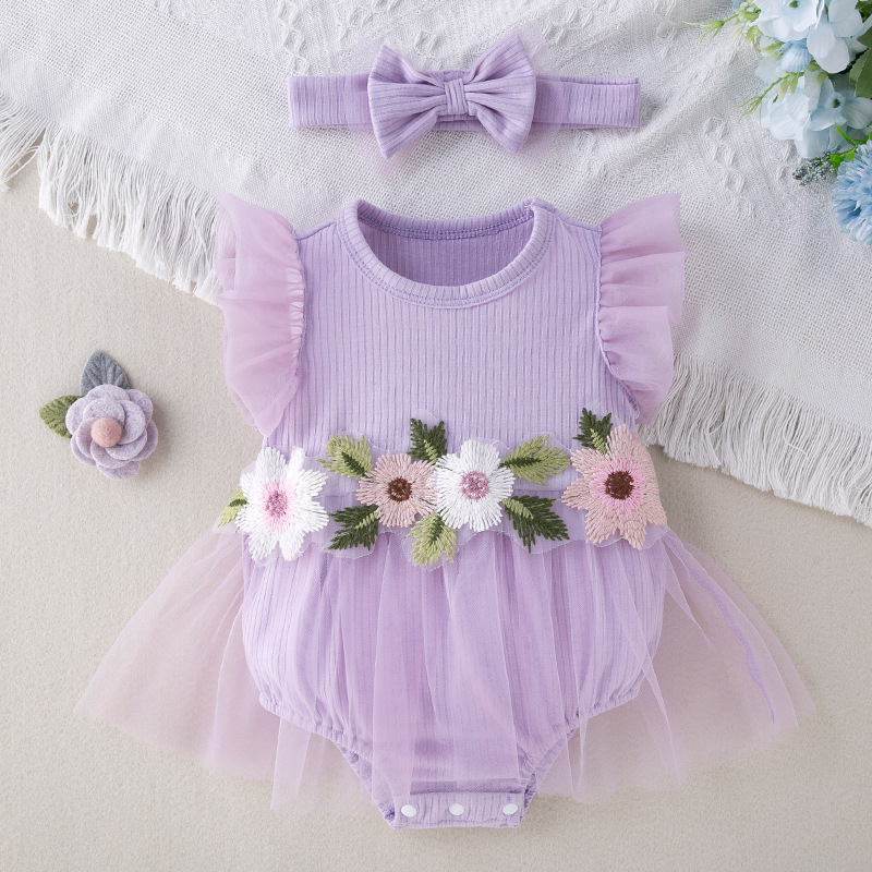 Picture of Factory Direct supply new baby girl mesh romper dress Western style cute small flower flying sleeve jumpsuit hair accessories suit