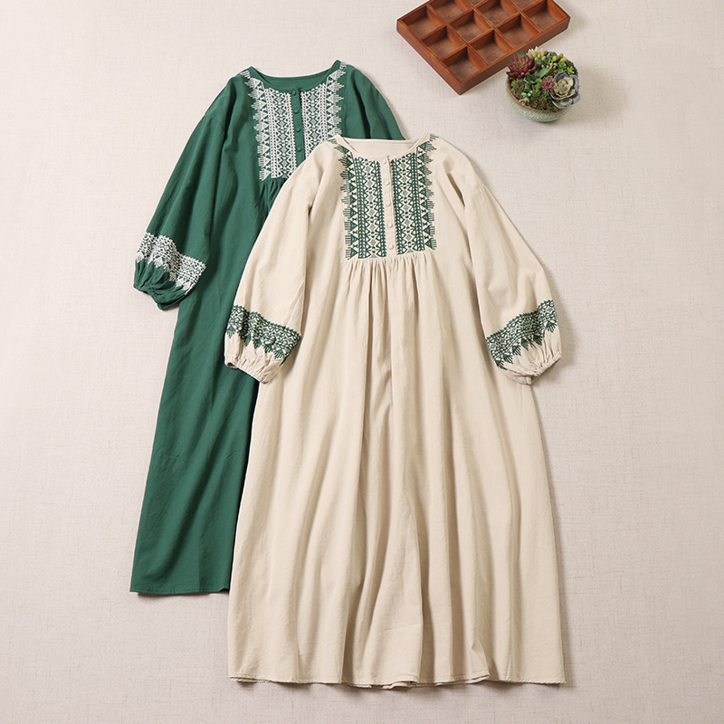 Ridan Mori Women's Half Open Round Neck Embroidered plus size Women's Cotton Loose All-match Slimming Long Sleeve dress