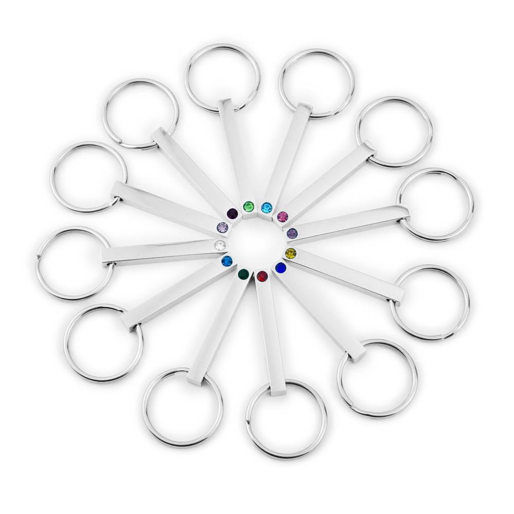 Personalized three-dimensional stick Diamond keychain 12 birthstone colored diamond glossy pendant lettering 304 stainless steel jewelry