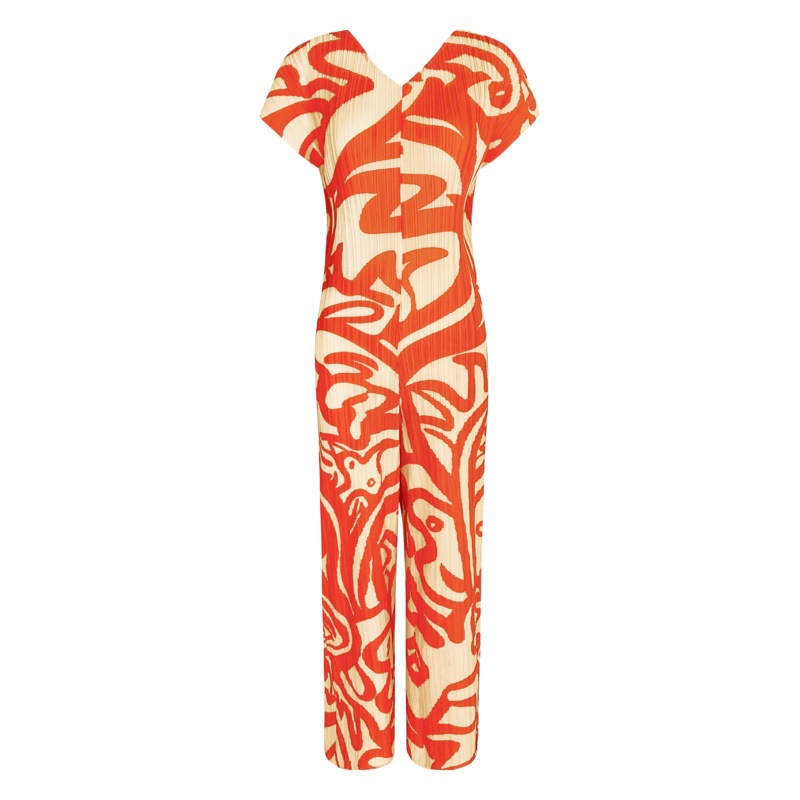 Miyake 2025 Spring New Painting Pleated V Neck Short-Sleeved Slim Casual Style Cross-Border Women's Jumpsuit