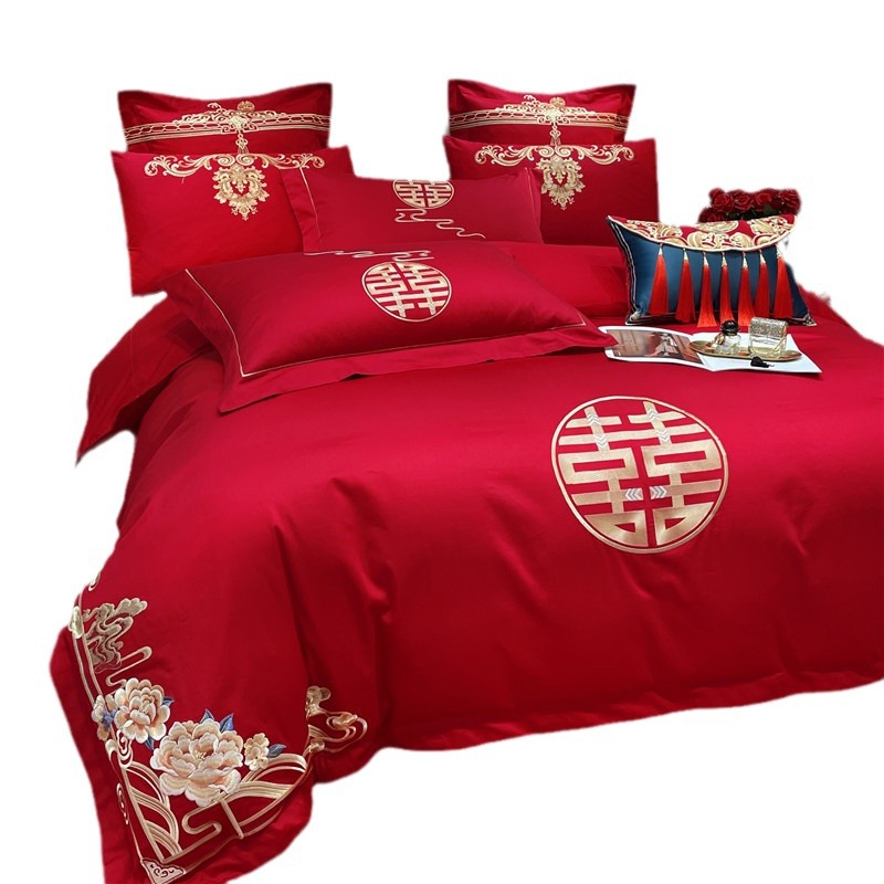 Picture of Advanced Sense Simple Red Wedding Four-piece Set Cotton Embroidered Wedding Quilt Cover Cotton Wedding Bedding for Wedding Room