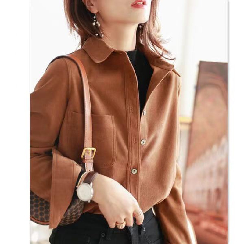 Picture of 2023 Summer New Sanding Corduroy Loose Slimming Thickened Outer Long Sleeve Stacked Base Shirt Women's Shirt