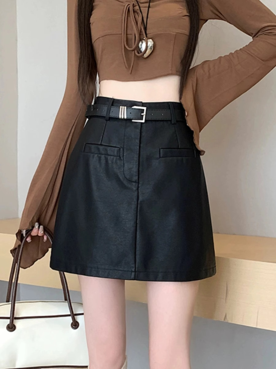 brown High Waist Hip Skirt Women's Autumn Anti-glare A- line Small Leather Skirt plus size Puleather Half-length Skirt