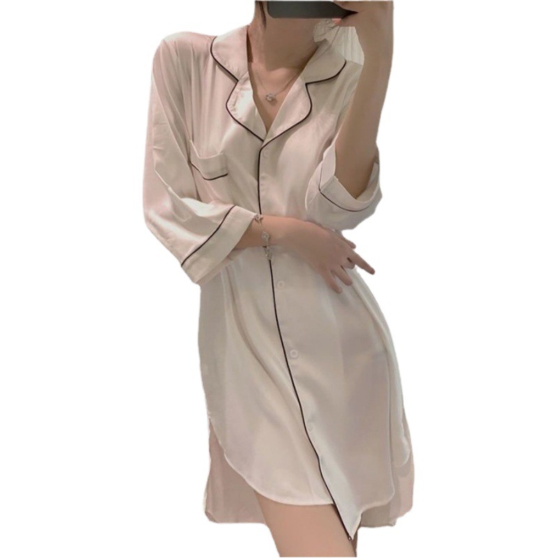 2023 Summer Silk Solid Color Casual Square Collar Short-sleeved Shirt Nightdress Women's Outerwear Dress