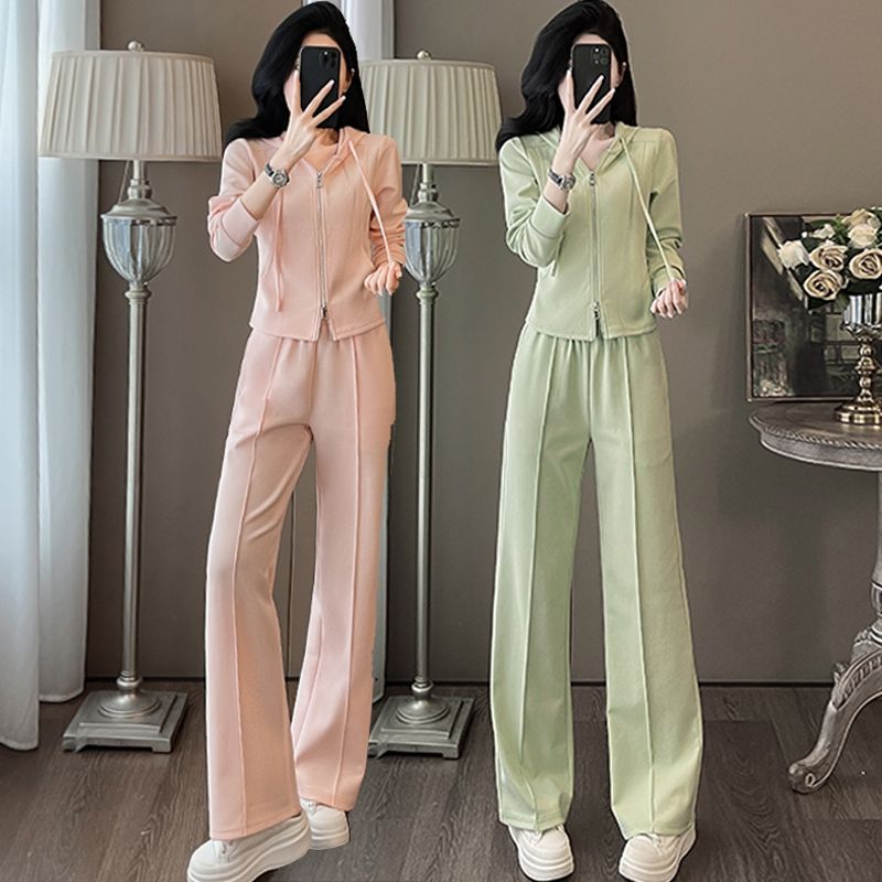 Fashion Simple Zipper Lazy Style Hooded Slim Fit Slim Look Skinny Wear Elegant suit Wide Leg Pants Two-Piece Set Tide #889