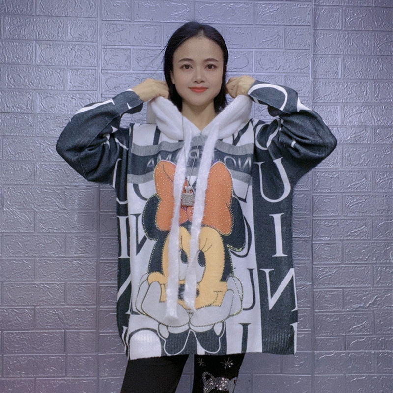 Spring Autumn and Winter Hooded Mink Velvet Sweater Women's Loose Large Size Dress Rhinestone Cartoon Minnie Thickened Warm Knitted Sweater