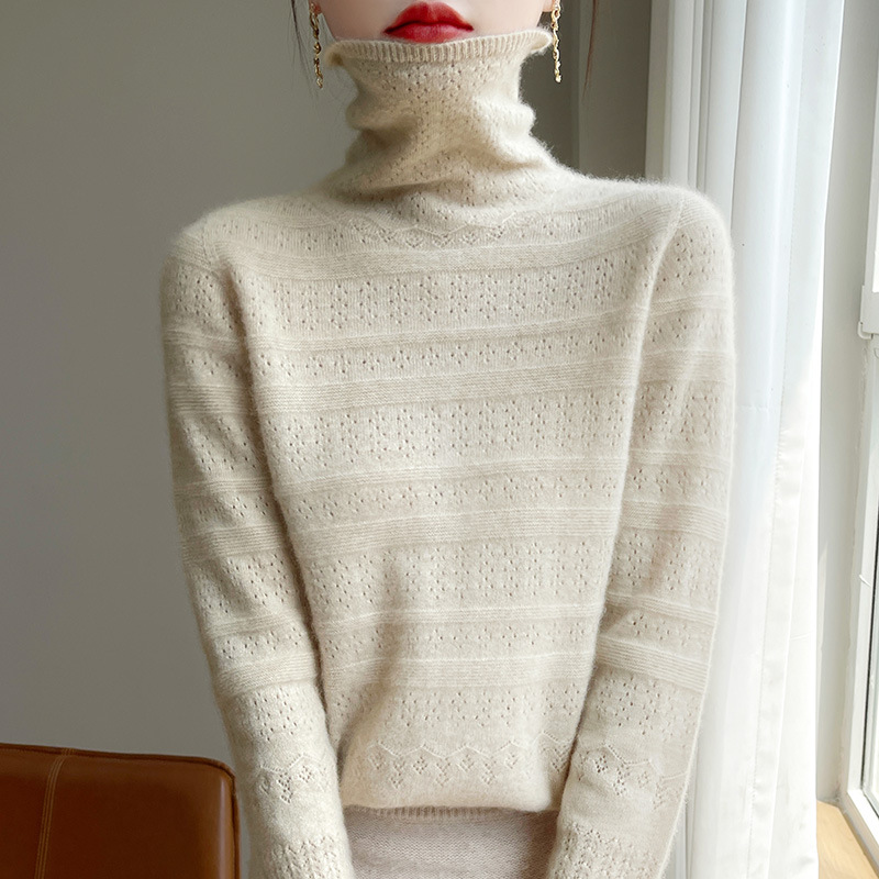 24 Autumn and Winter New Pile Collar Hollow Wool Sweater Women's Loose Pullover Sweater Knitted Base Shirt Top Slim Shirt