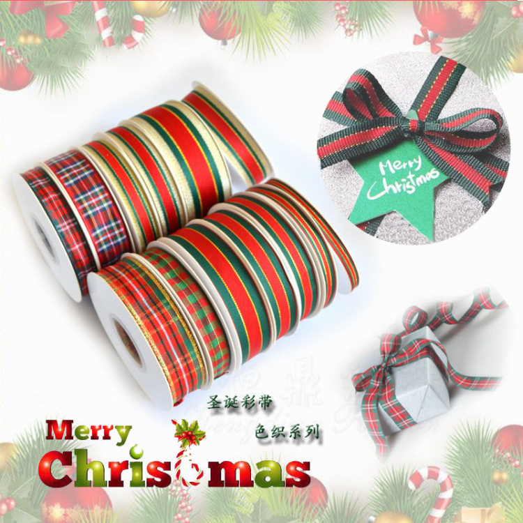 in stock Size Christmas Ribbon Decoration Gift Box Cloth Ribbon Color Ribbon Plaid Phnom Pencil
