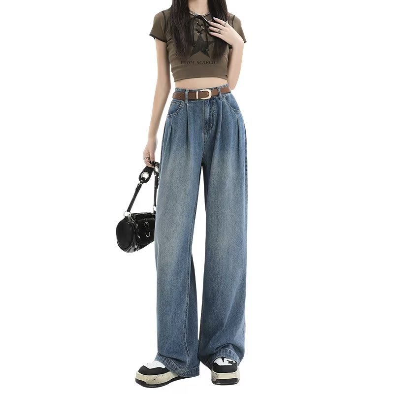 Light Denim Wide Leg Pants Women's High Waist Temperament Slimming Straight Pants for Spring and Autumn 2024