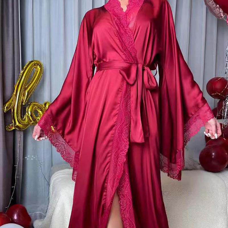 Picture of Fei Yun cross-border new satin pajamas women lace light luxury long sleeved cool feeling nightgown bathrobe home 336