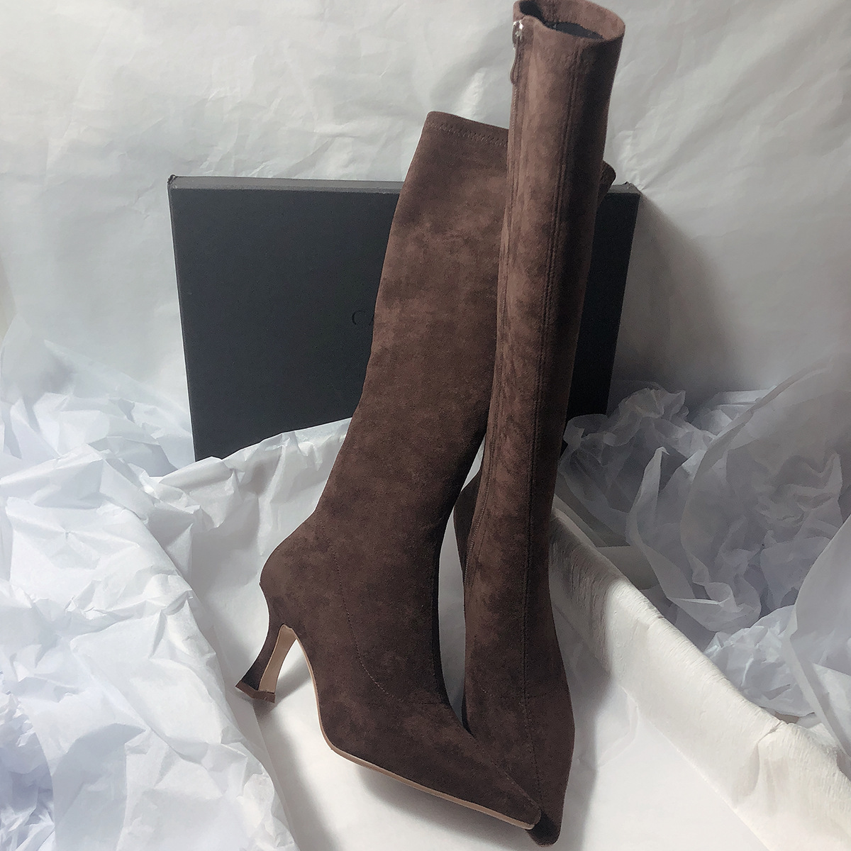 Korean Style Simple Long Boots But Knee Stretch Boots Frosted Thin Boots Side Zipper Pointed Heel Boots