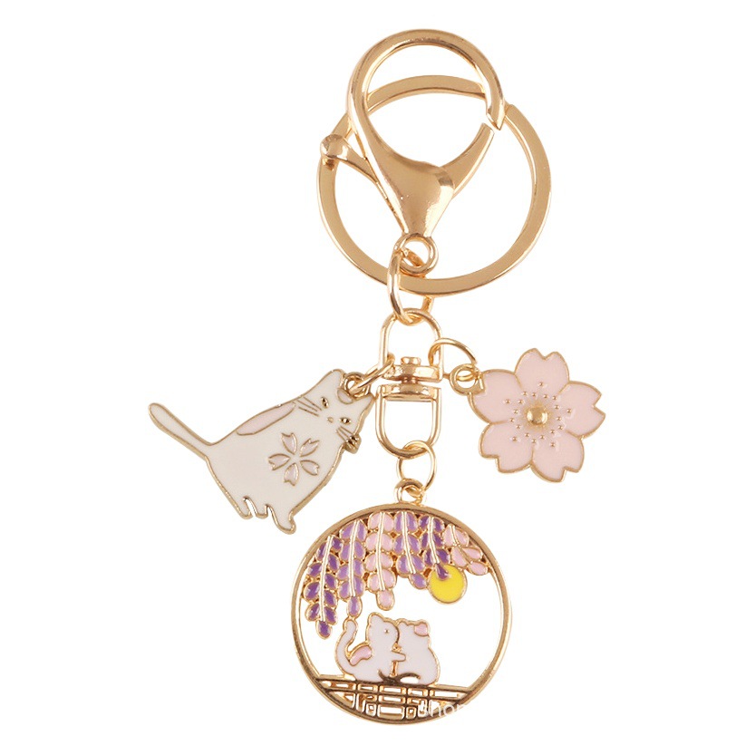 Cute Cartoon Love Cat Alloy Keychain Pendant Creative Flowers Cat Tag Accessories Headset Bag Decoration