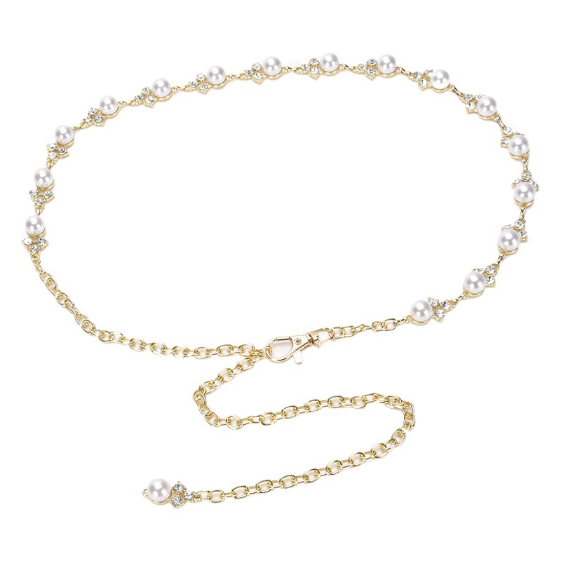 Women's Metal Thin Waist Chain Sweet Rhinestone Pearl with Skirt Decoration All-match Distinctive Chain Belt Narrow Women's Fashion