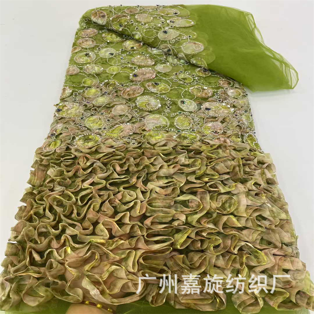 Middle Eastern Style High-End Green and Gold Floral Beaded Tube Embroidery Fabric European and American Dress Sequin Embroidery Fabric Wedding