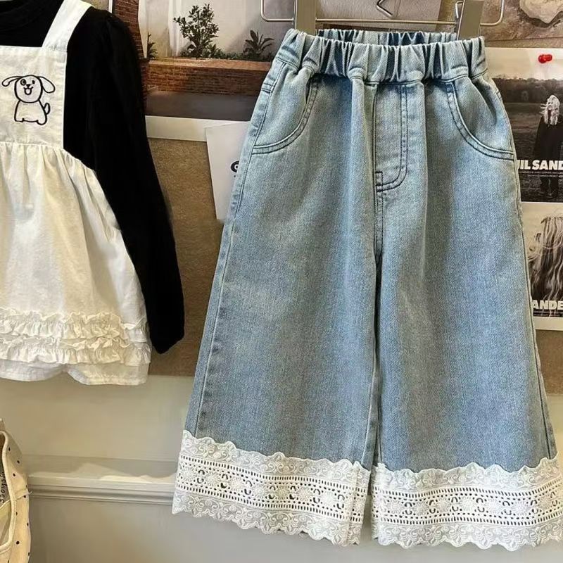 Picture of 2024 Autumn Baby Female Korean Style All-match Western Style Loose Casual Wide-leg Lace Denim Wide-leg Pants