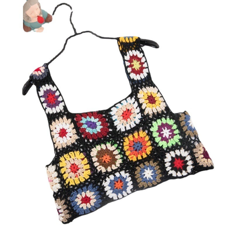 Cross-border Color Hook Embroidery Hollow Knitted Vest Sling Women's Short Seaside Vacation Sleeveless Summer Wear Fashion