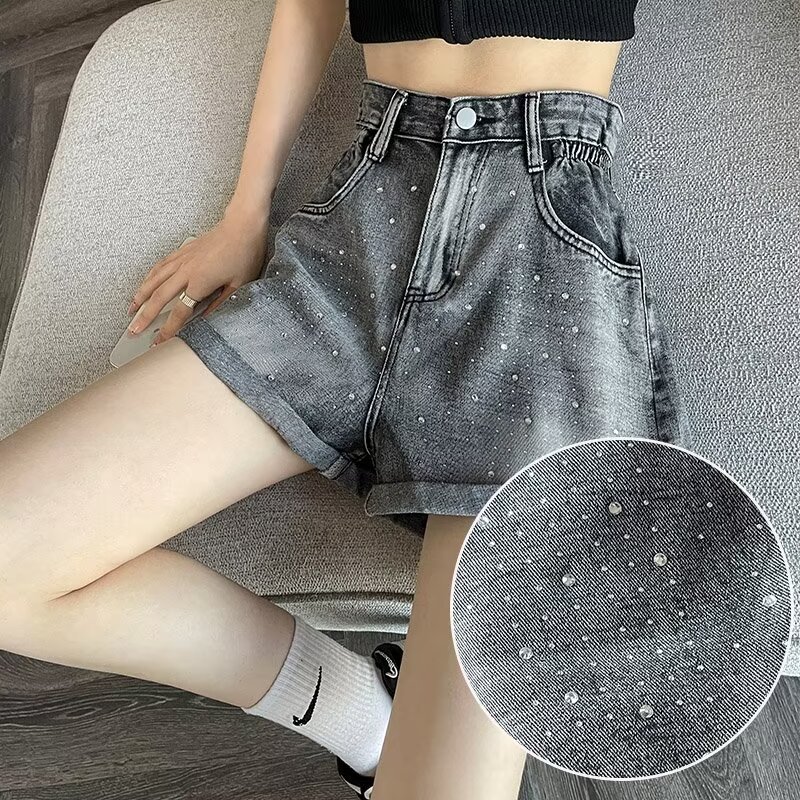 Black Grey Denim Shorts Women's 2024 Summer Thin Flower Bud Waist Belly Covering Hot Drilling Turn-up Wide Leg A- shaped Pants