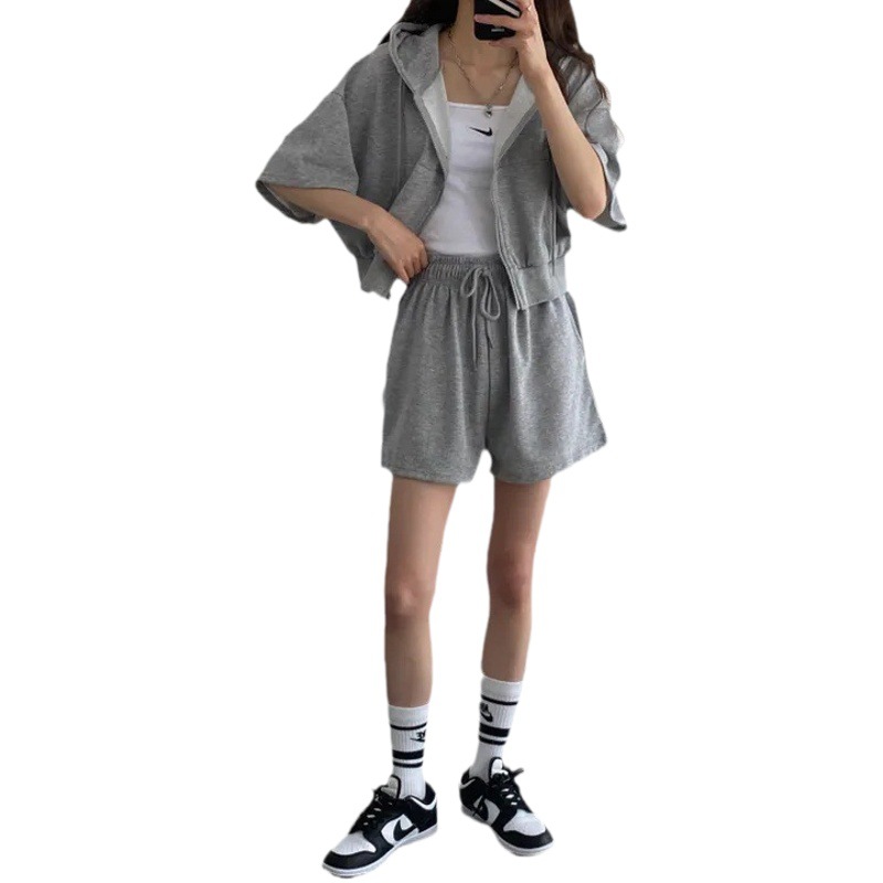 100% Pure Cotton Hooded Jacket Cotton Zipper suit Women's South Korea Short-sleeved Shorts Women's Summer Two-piece Sport Solid Color