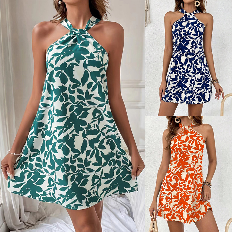 European and American 2024 Spring and Summer New Cross-border Amazon Printed Sleeveless Backless Skirt Ruffled Neck dress Women