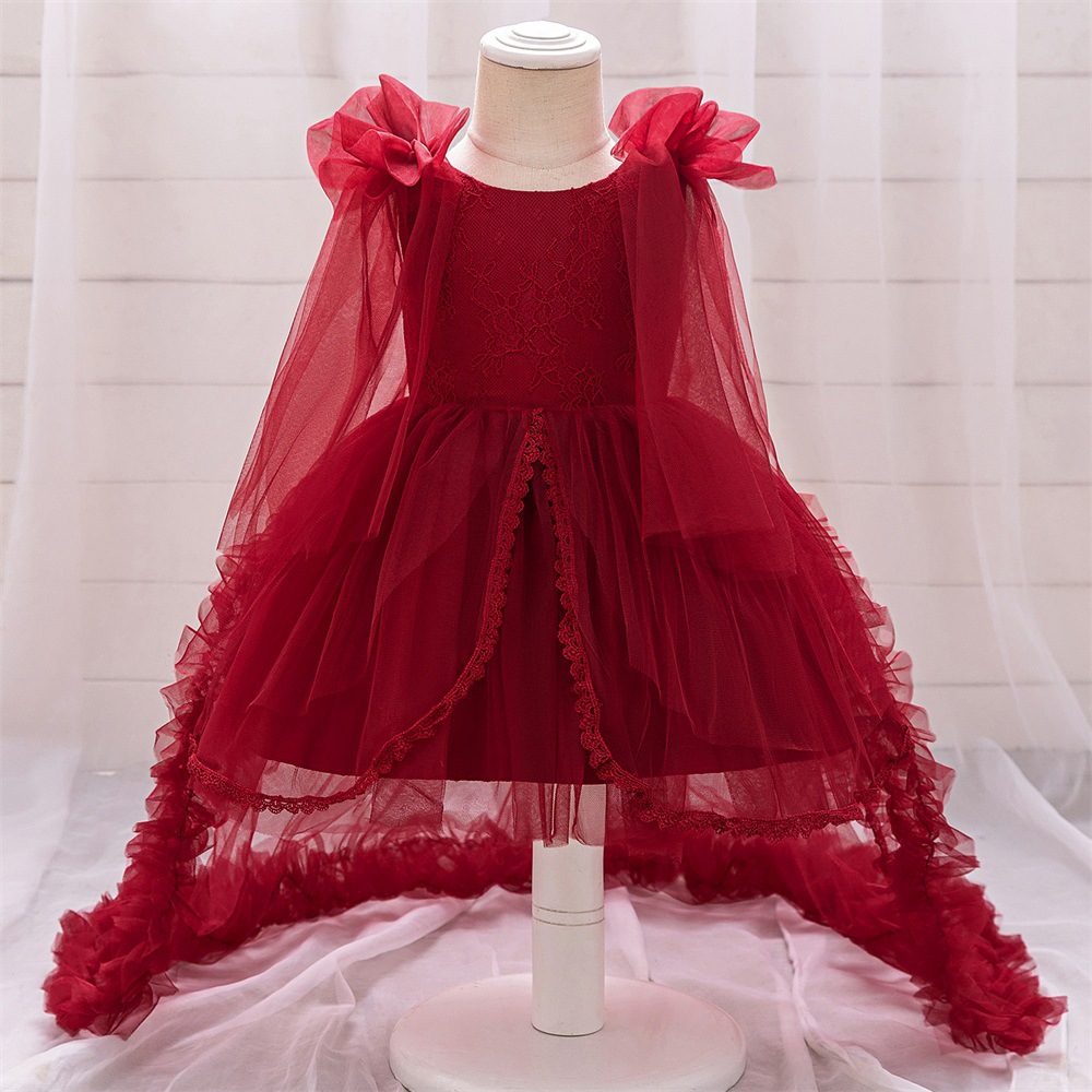 Picture of New One-year-old Dress Short-sleeved Pleated Mesh Lace Trailing Princess Dress Ponked Yarn Flower Children's Wedding Dress