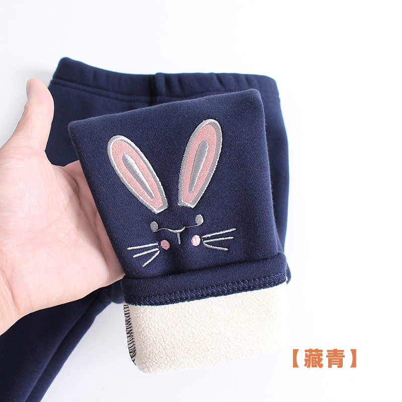 Picture of Winter Girls' Fleece-Lined Pure Cotton Children's Autumn and Winter Pants with Cartoon Bunny Embroidery, Thickened and Warm Baby Trousers