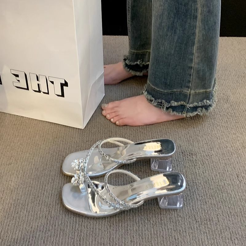 2024 New Arrival Dress French Flip-Flops High Heel Slide Crystal Beautiful Chick Heel Sandals and Slippers Women's Summer Outer Wear