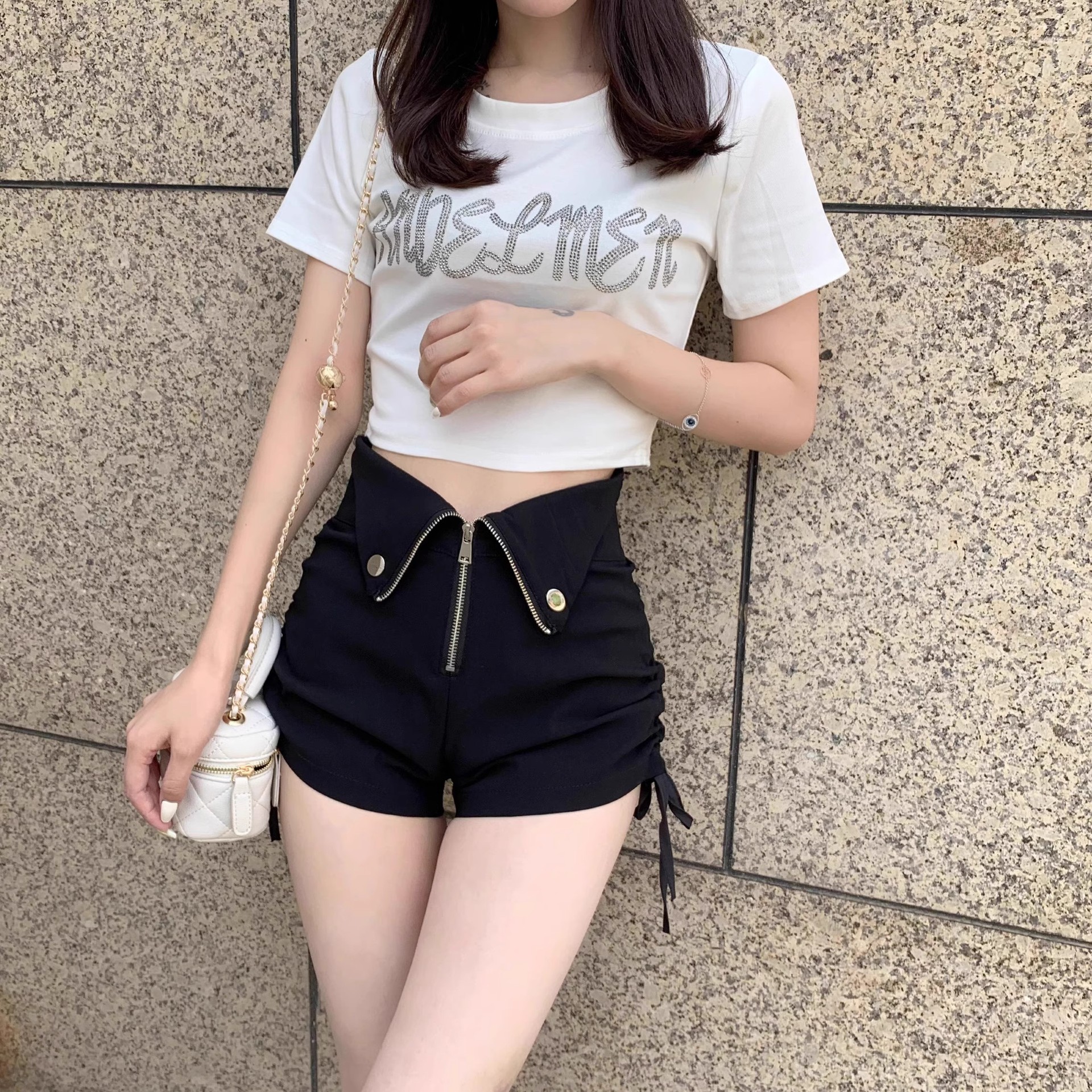 American Style Hot Girl Lapel Zipper Shorts Women's Summer New All-match Pleated Design Sense Casual High Waist Slimming Hot Pants