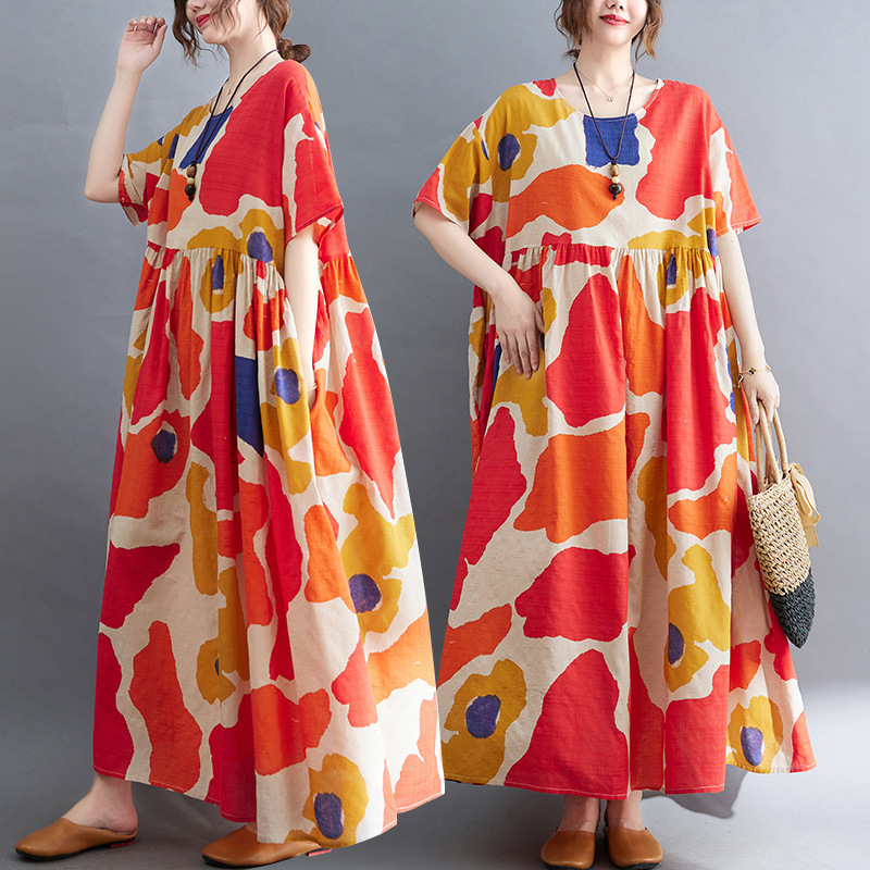 Picture of Artistic plus size chubby girl plus size printed dress summer long dress round neck loose slimming large swing skirt women's clothing
